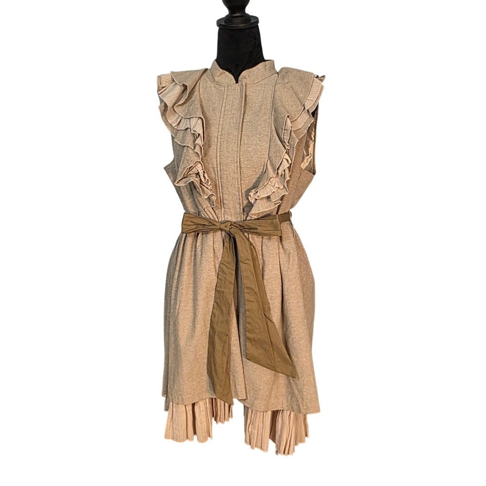 RYU Dress Large Beige Linen Cotton Ruffle Pleated Hem Sash Boho Cottagecore